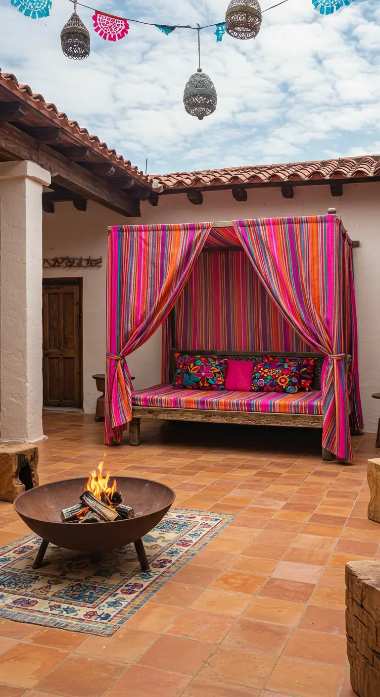 Cama balinesa con cortinas de rayas de colores vivos en un patio de estilo mexicano con un brasero