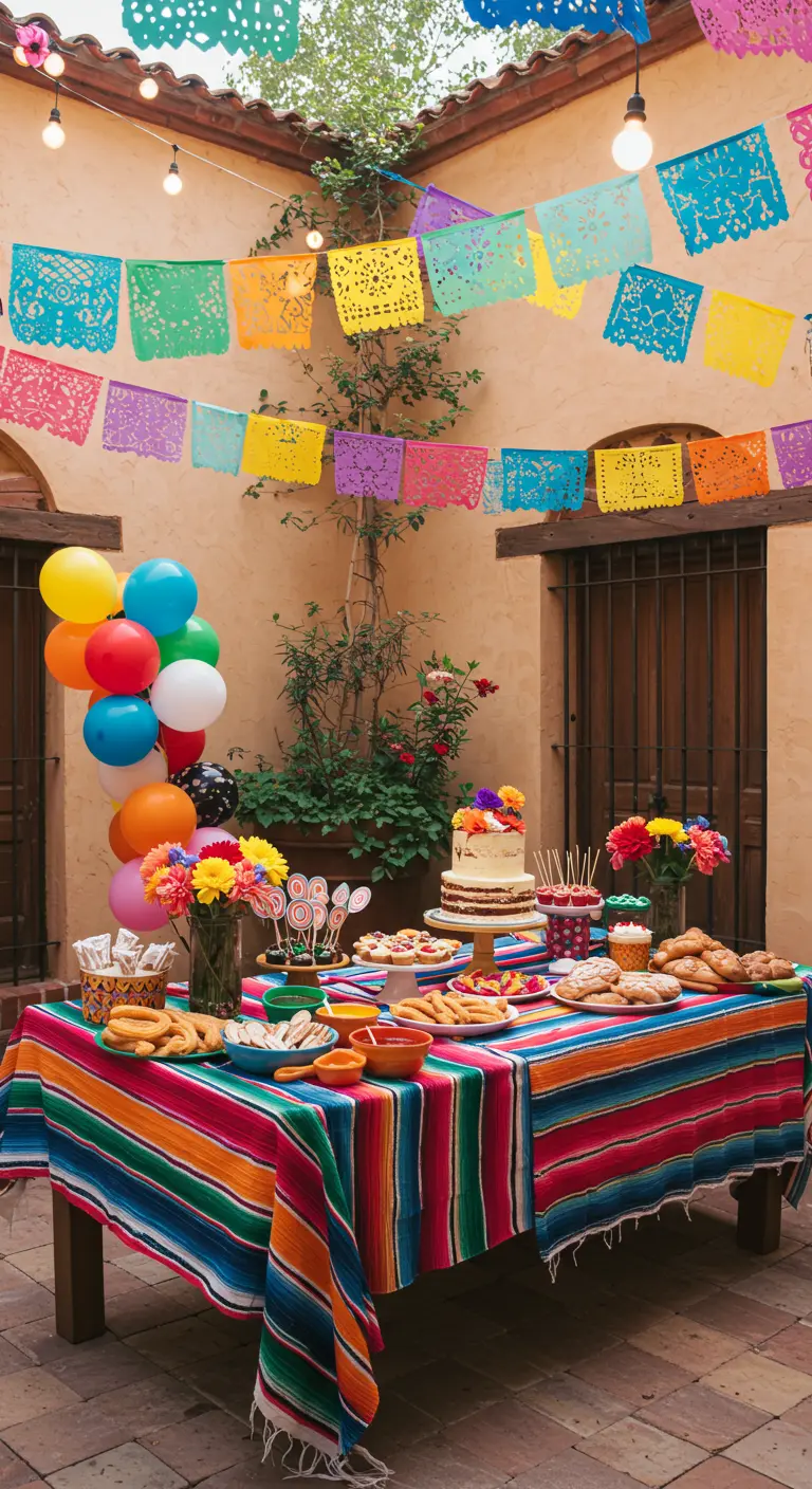 Mesa de cumpleaños estilo fiesta mexicana con papel picado y mantel de sarape.