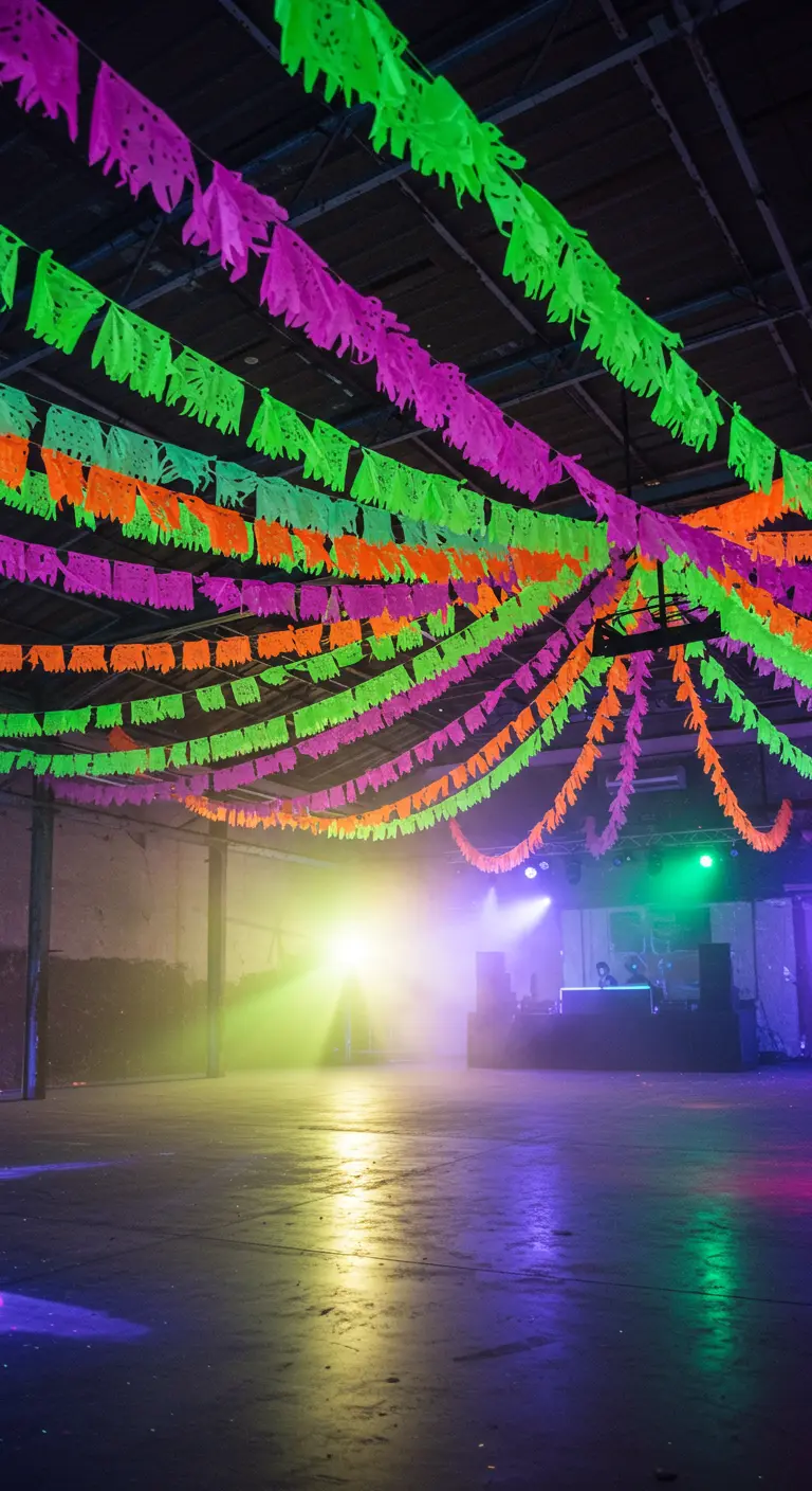 Pista de baile en un almacén con guirnaldas de papel picado neón en el techo.