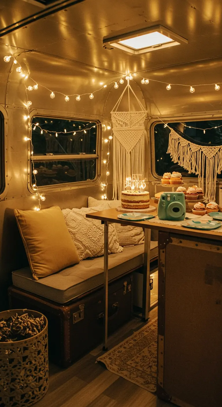 Interior de una caravana Airstream decorada para un cumpleaños con luces cálidas y un pastel.