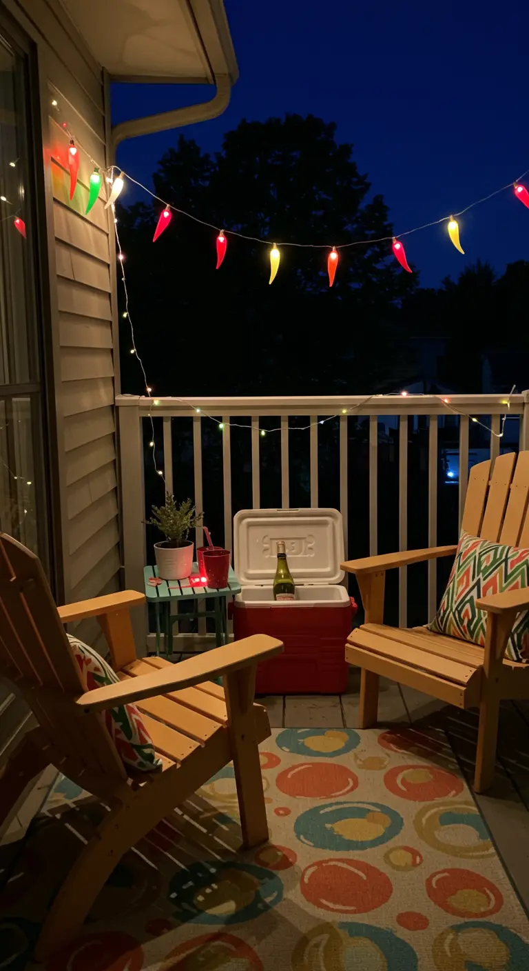 Balcón con sillas de madera, una alfombra colorida y una divertida guirnalda de luces en forma de chiles.