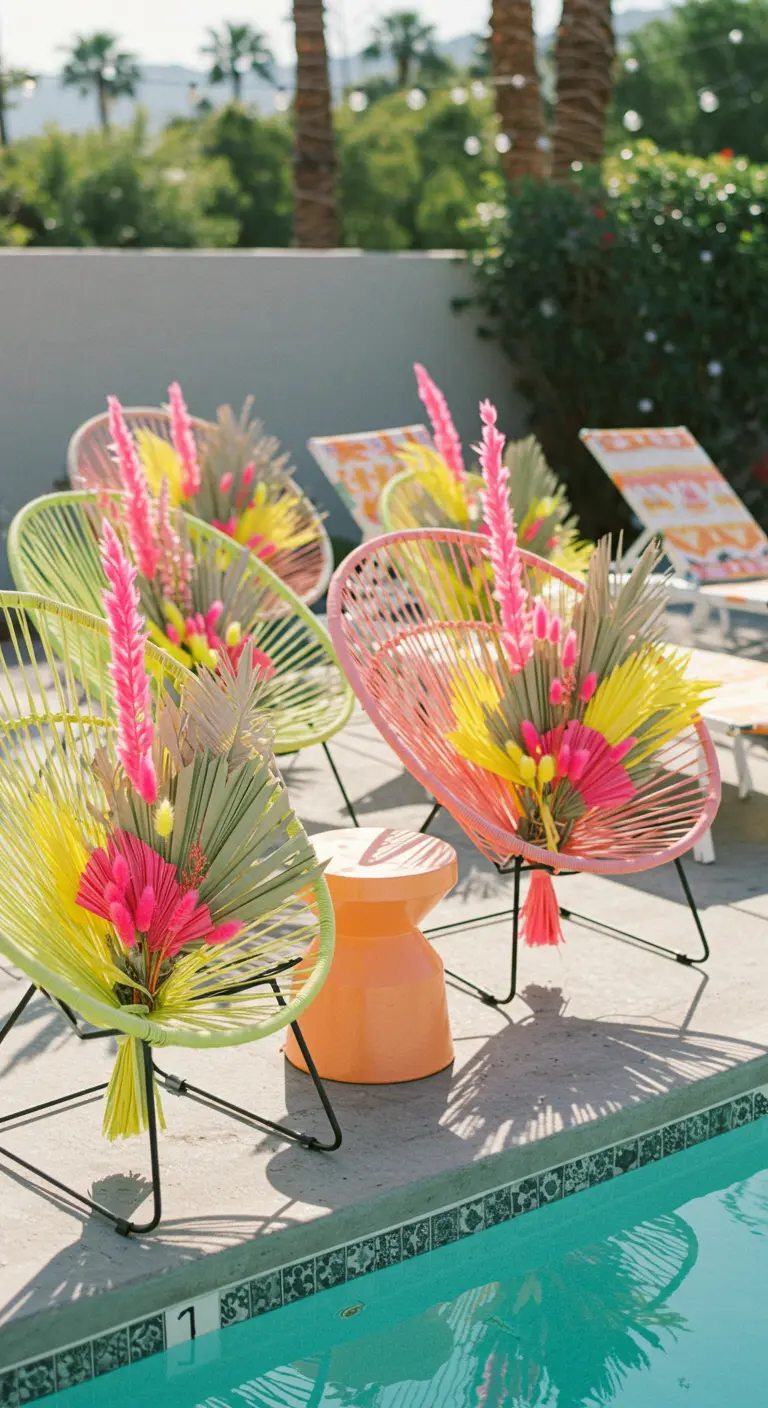 Sillas Acapulco de colores con grandes ramos de flores secas de color neón.