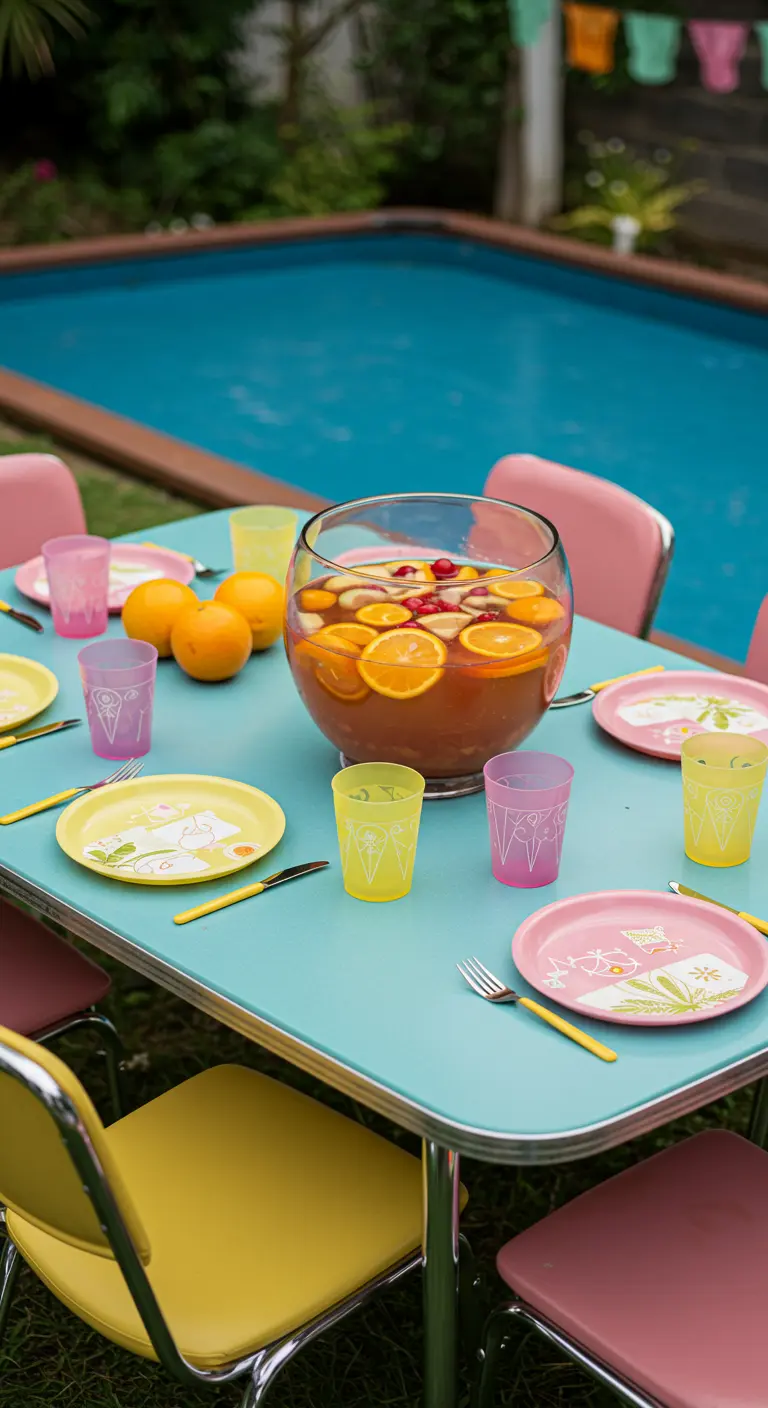 Mesa retro junto a la piscina con vajilla de colores pastel y una gran ponchera.