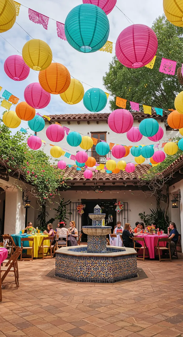 Patio de estilo mexicano con lámparas de papel de colores vivos y papel picado.