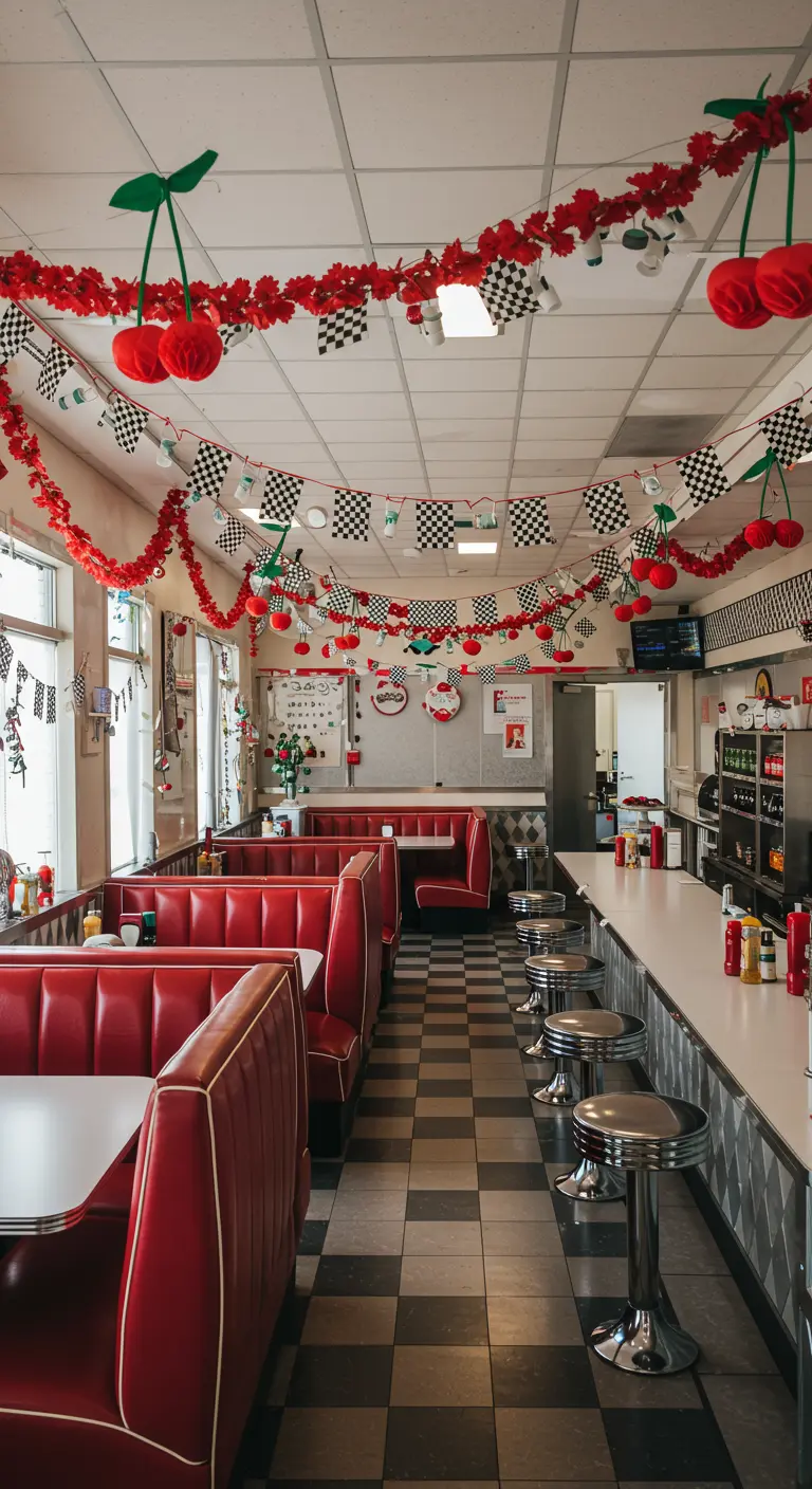 Interior de un restaurante de estilo diner americano decorado con guirnaldas de cerezas de papel y banderas de cuadros.