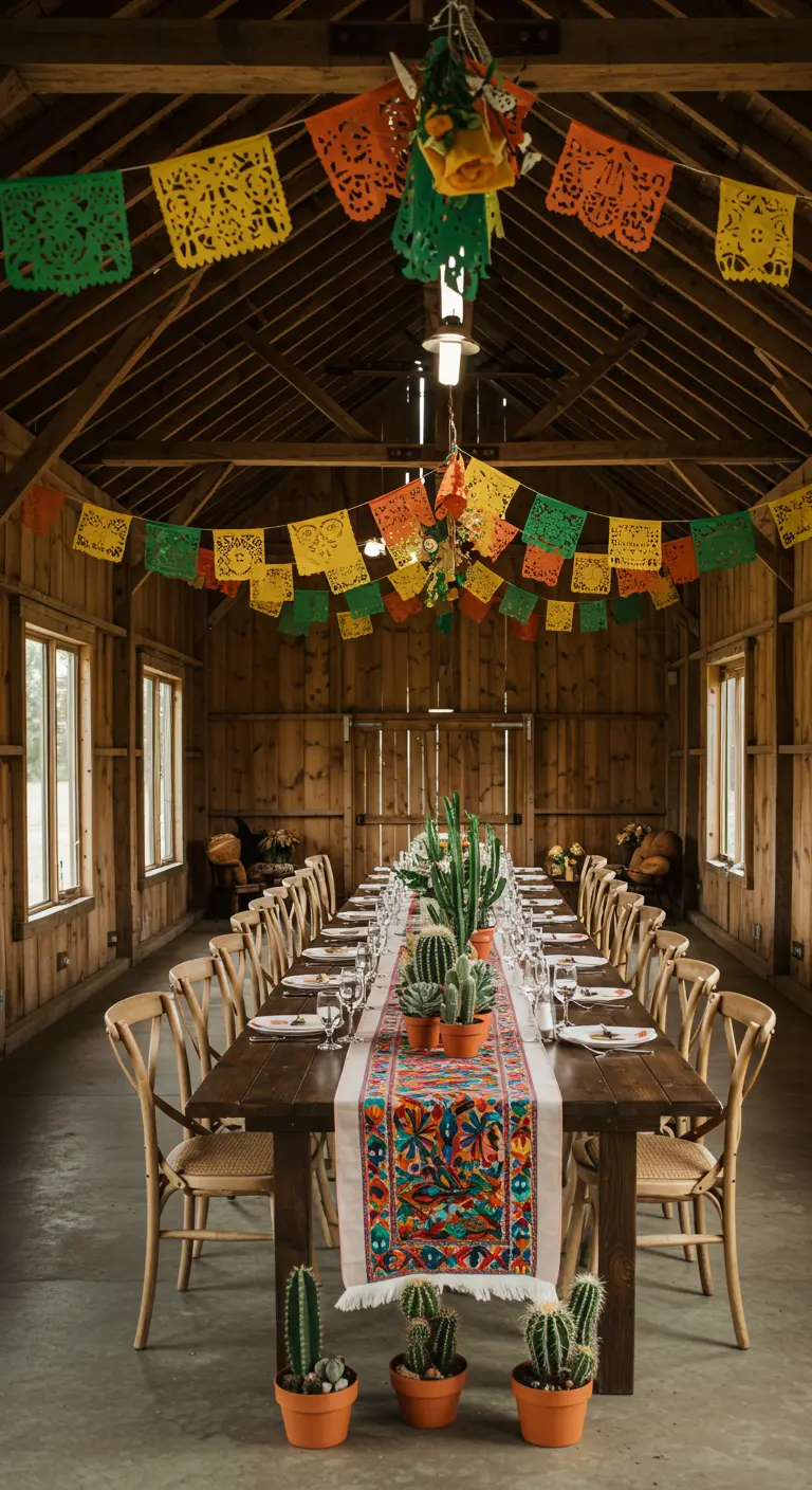 Comedor rústico en un granero con papel picado y centros de mesa de cactus.