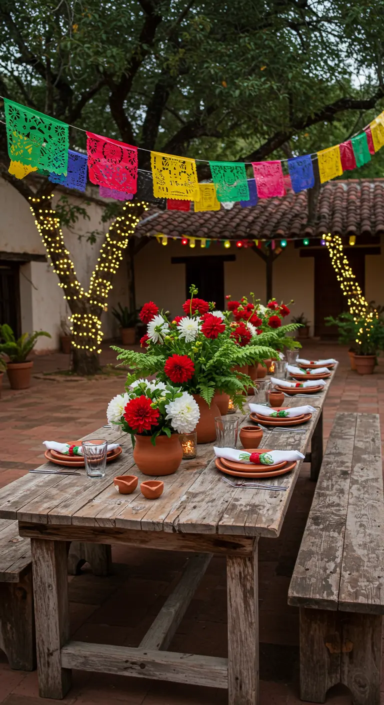 Mesa de madera rústica al aire libre con centros de mesa de flores rojas y blancas.