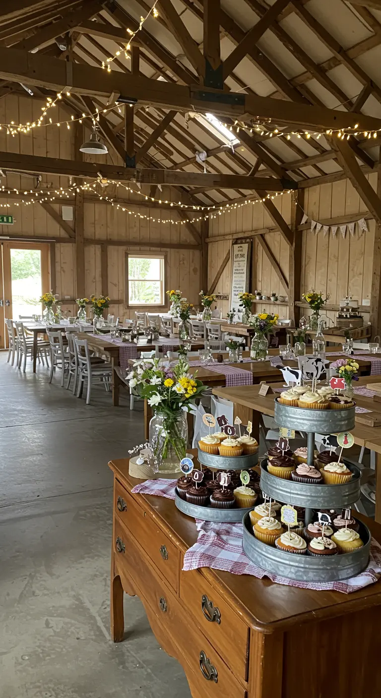 Mesa de postres en un granero rústico con cupcakes de temática de granja.
