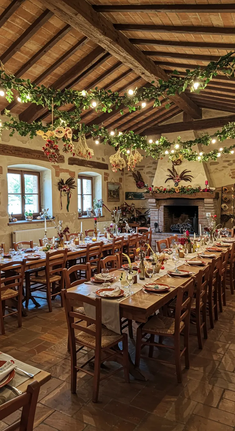 Comedor rústico con vigas de madera, mesas largas y decoración de Carnaval con máscaras y guirnaldas.