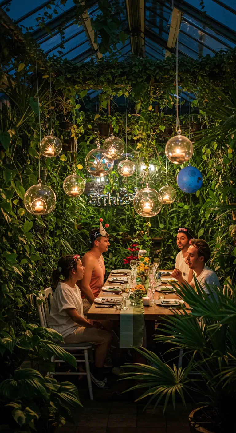Cena de cumpleaños en un invernadero con velas colgando en esferas de cristal y un letrero de neón.