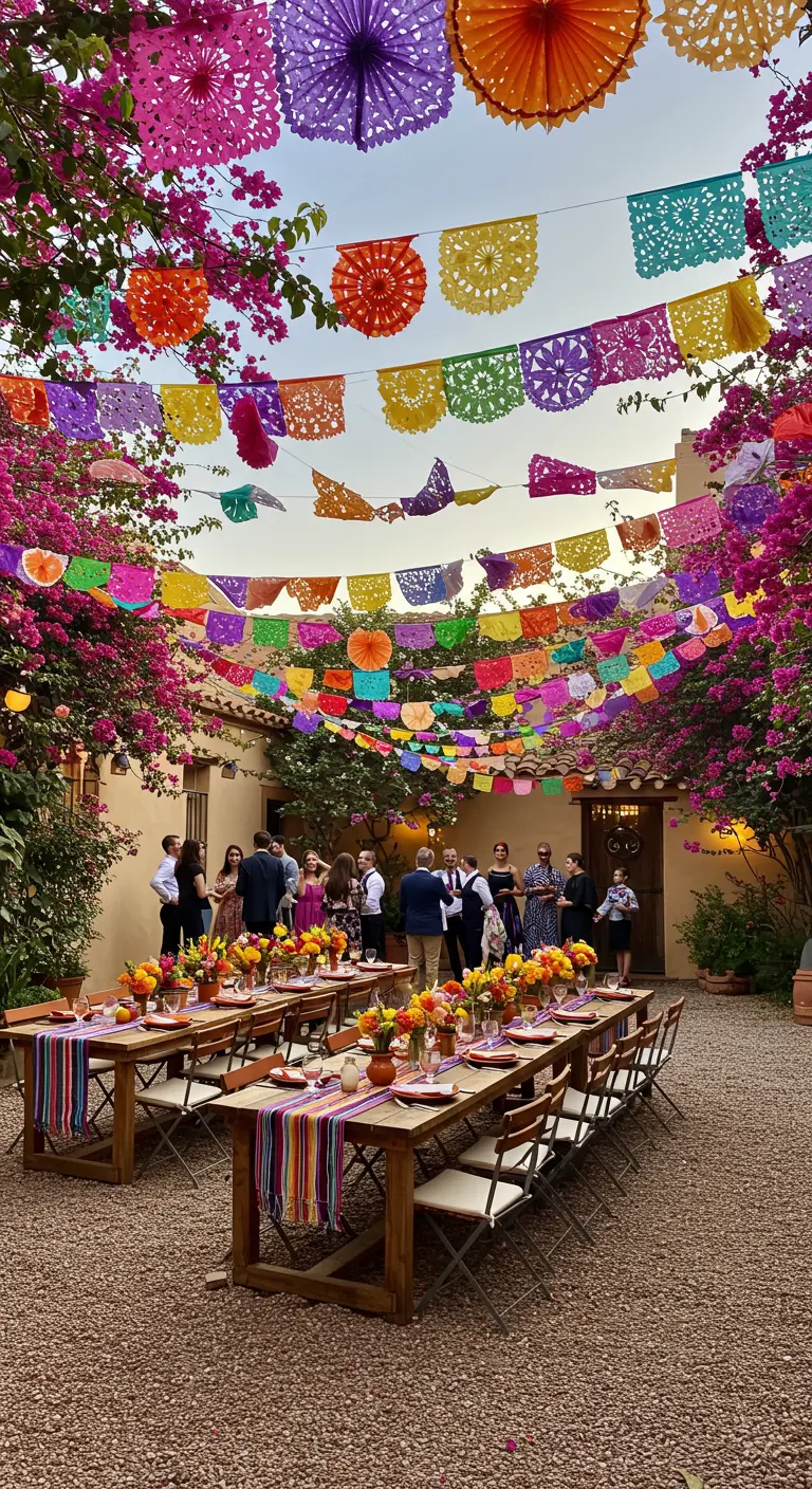 Patio decorado para una fiesta con guirnaldas de papel picado de colores sobre las mesas.