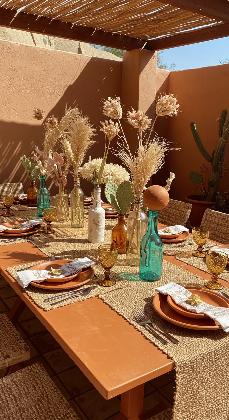 Mesa de comedor con mantel de yute, vajilla de barro y flores secas en botellas de colores.