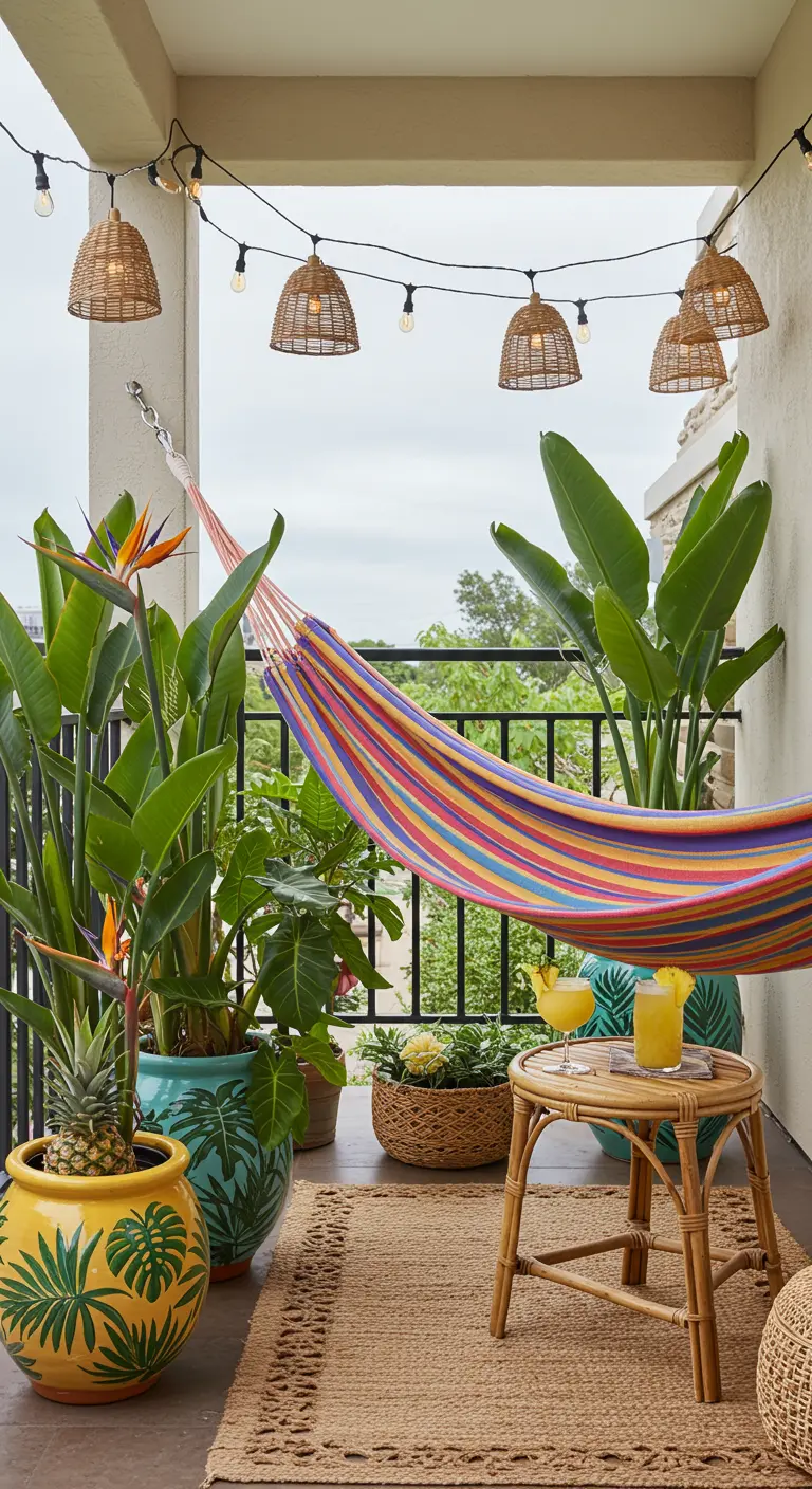 Balcón tropical con hamaca de colores, plantas de hojas grandes y guirnalda de luces con pantallas de mimbre