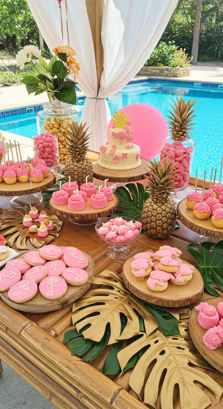 Candy bar tropical junto a la piscina con piñas doradas, hojas de monstera y dulces rosas.