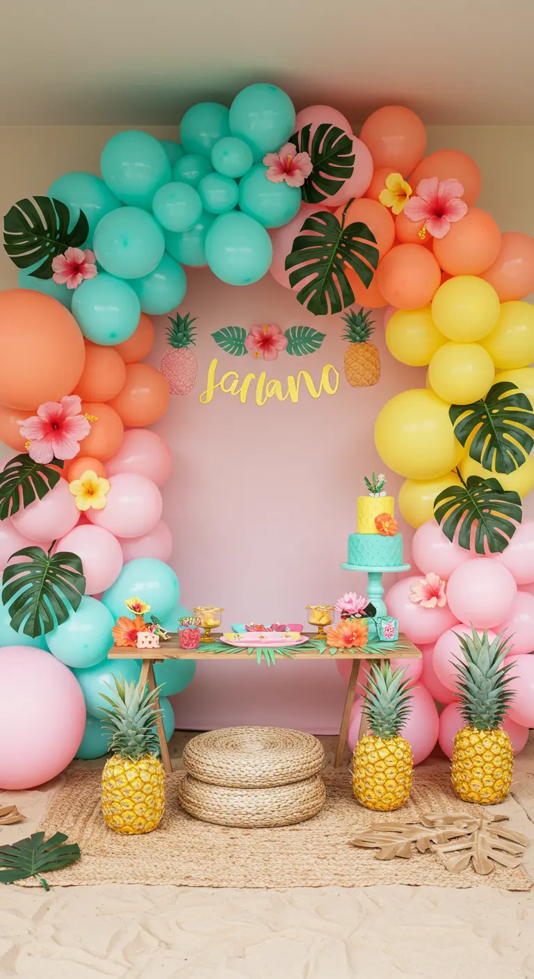 Arco de globos tropicales en colores vivos con hojas de monstera, flores y piñas.