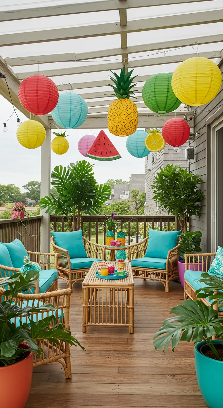 Terraza de madera con muebles de ratán y lámparas de papel de colores y formas de frutas