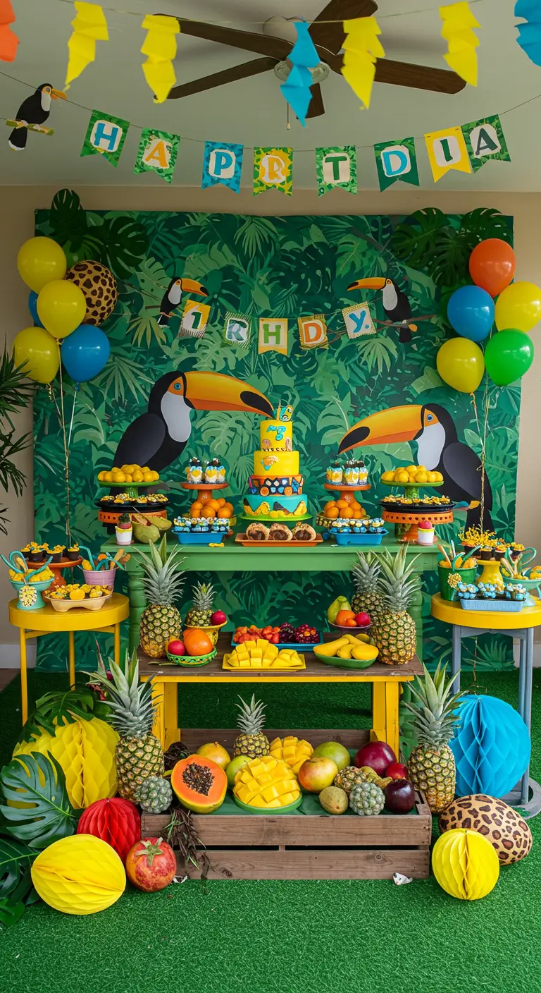 Mesa de frutas tropicales en una fiesta temática de tucanes con fondo de jungla y decoración colorida.
