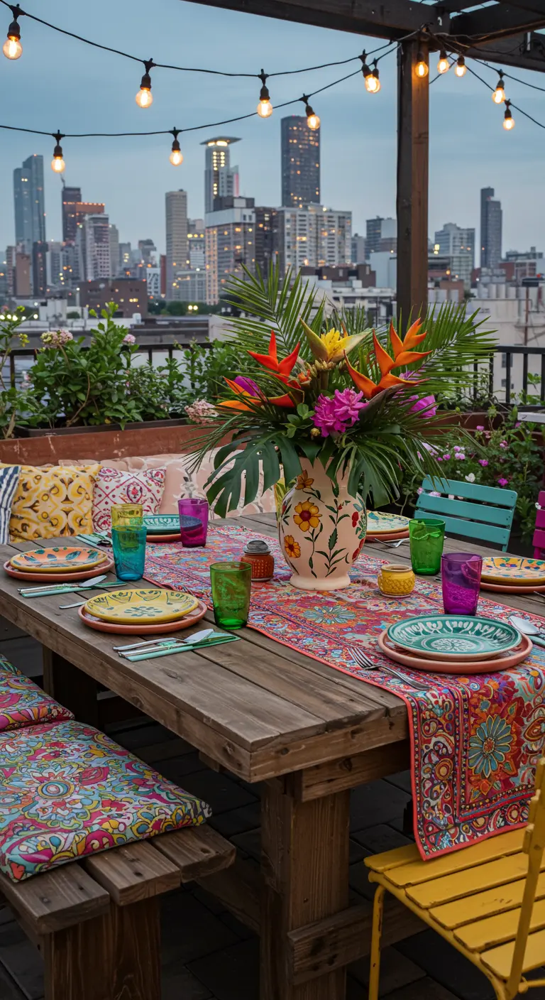 Comedor en una azotea urbana con textiles de colores vibrantes y flores tropicales.