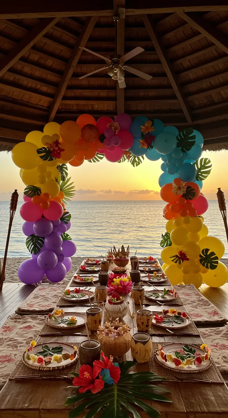 Mesa de fiesta tropical en la playa con un arco de globos de colores y hojas de palma.