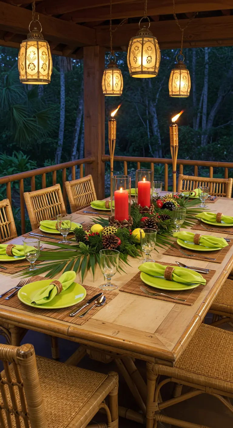 Mesa de comedor de bambú en un entorno tropical con un centro de mesa de hojas de palma y frutas.