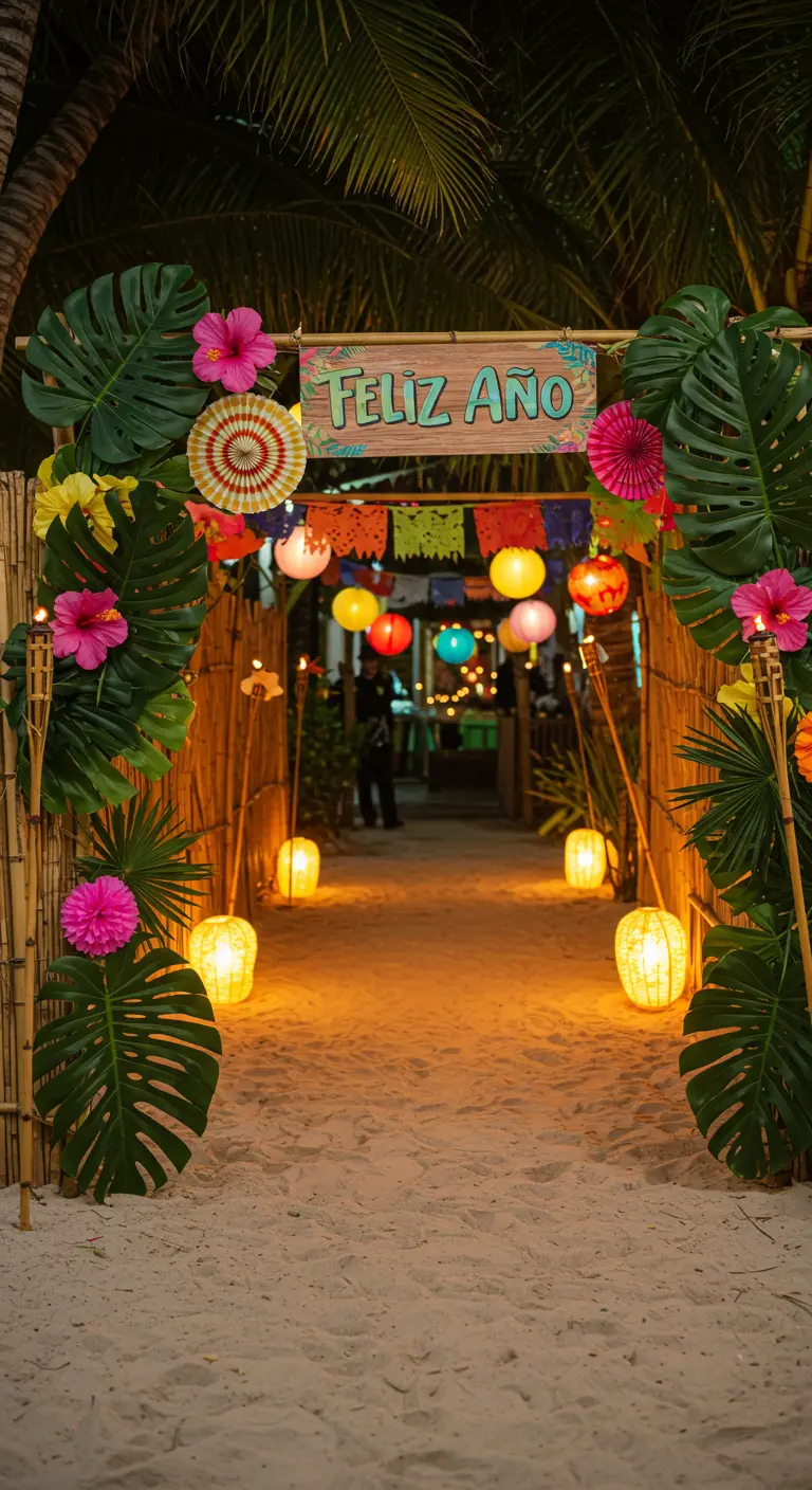Entrada de fiesta tropical en la playa con bambú, hojas de monstera y farolillos.