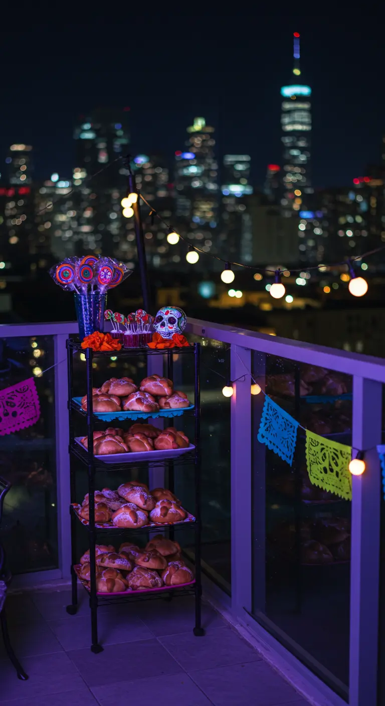 Pequeña mesa de dulces en un balcón con vistas a la ciudad y luces de noche.