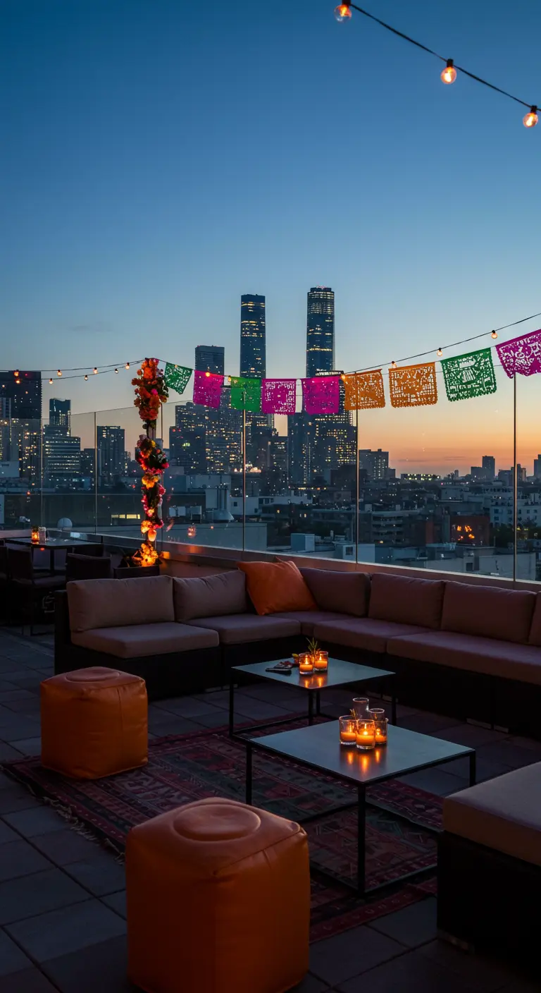 Azotea con vistas a la ciudad decorada con una guirnalda de papel picado de colores.