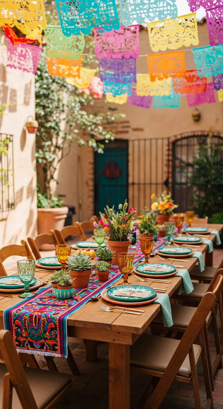 Mesa de fiesta mexicana con papel picado, camino de mesa bordado y suculentas.
