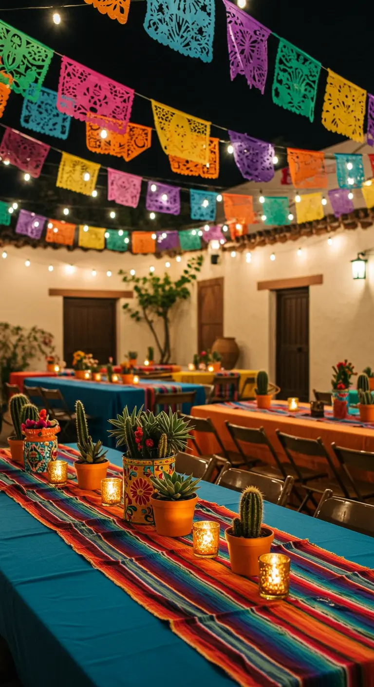 Mesa de fiesta mexicana con camino de serape, cactus en macetas coloridas y papel picado.