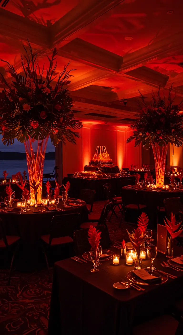Salón de fiestas con iluminación roja intensa, mesas negras y altos arreglos florales.