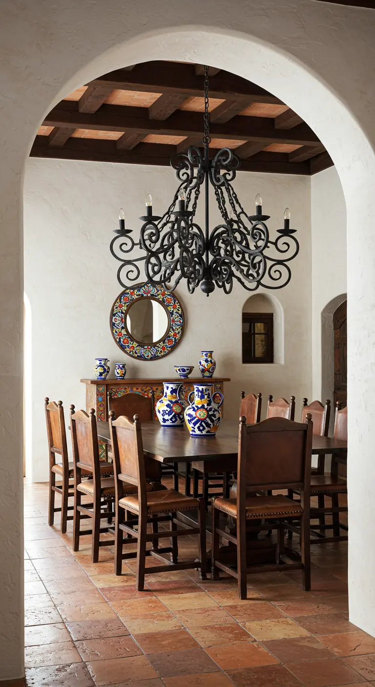 Comedor de estilo hacienda mexicana con mesa de madera oscura, cerámica de Talavera y gran lámpara
