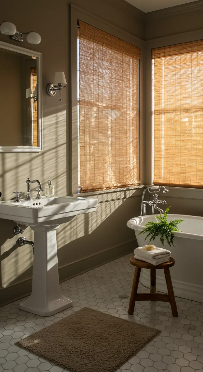 Baño con grandes ventanas cubiertas con persianas enrollables de bambú que filtran la luz.