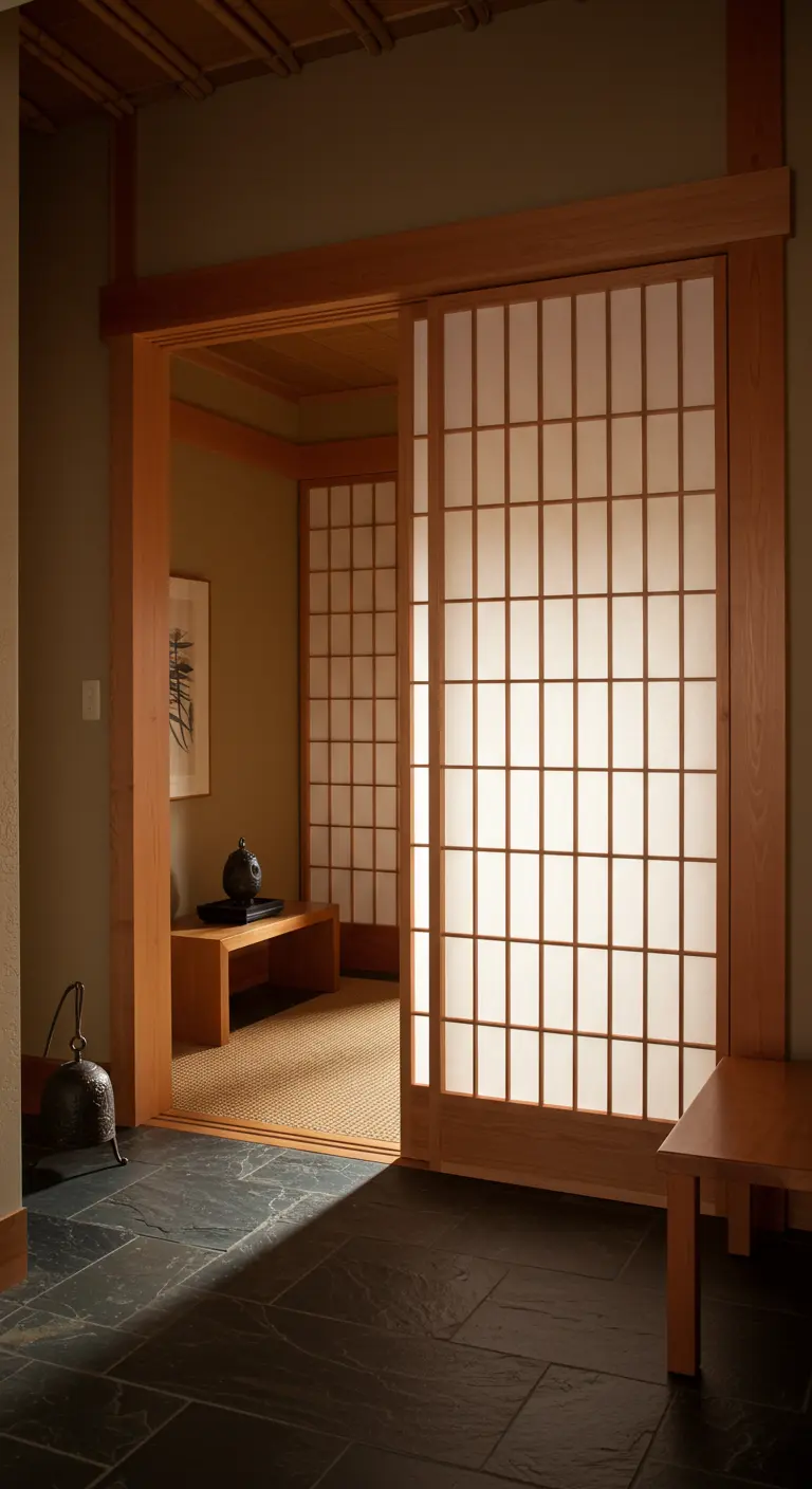 Puertas correderas de estilo shoji japonés con marcos de madera y papel de arroz.