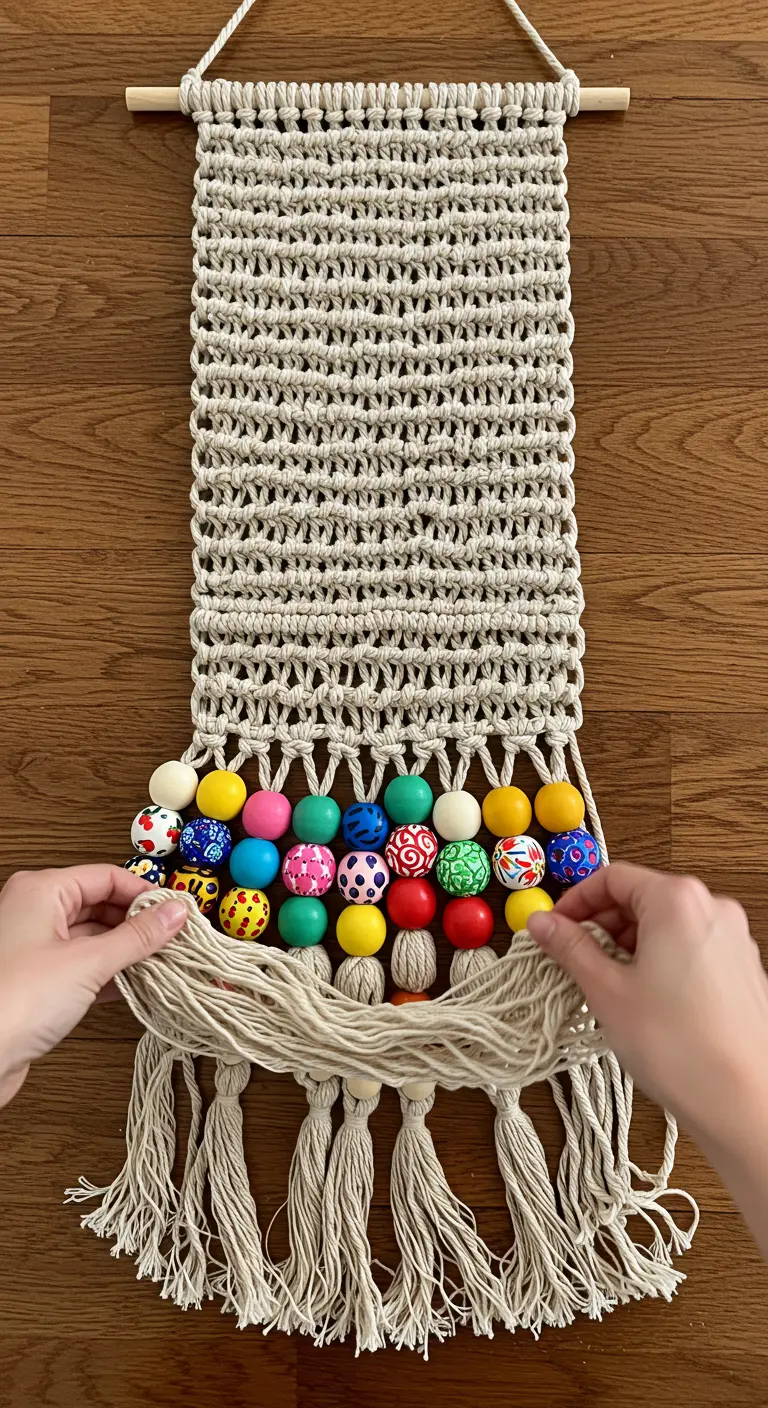 Manos añadiendo cuentas de madera de colores a los flecos de un tapiz de macramé.
