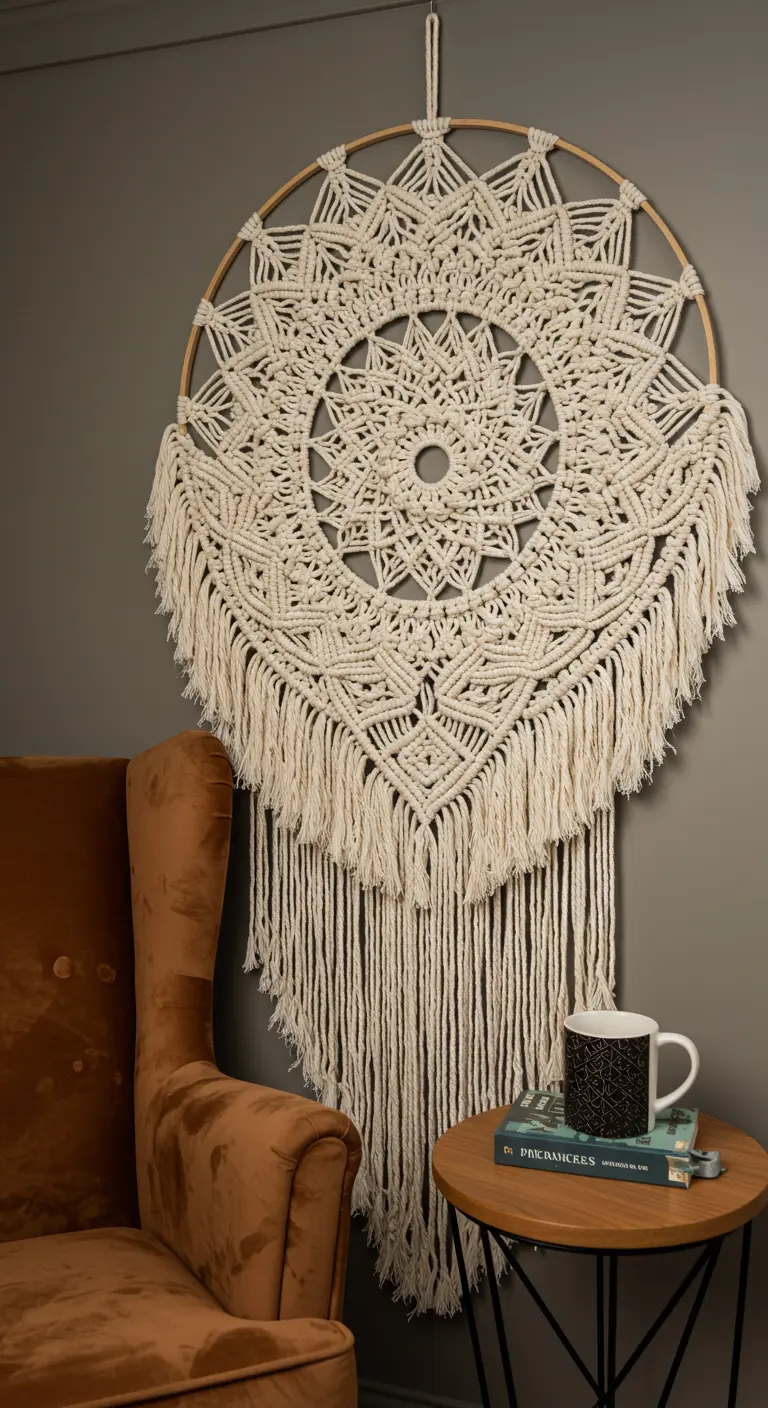 Mandala de macramé grande con flecos largos y asimétricos colgado junto a un sillón de terciopelo.