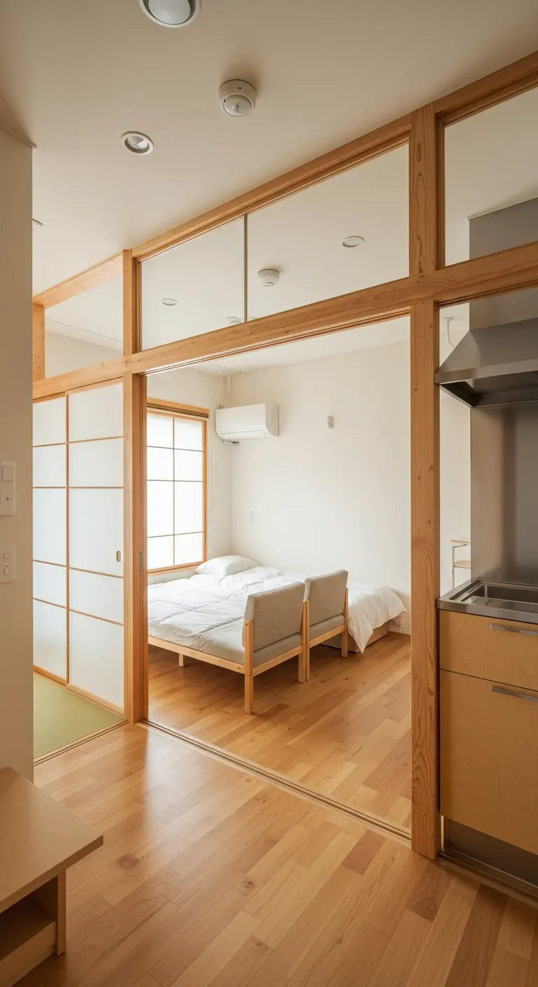 Apartamento de estilo japonés con paneles shoji deslizantes que separan los espacios.