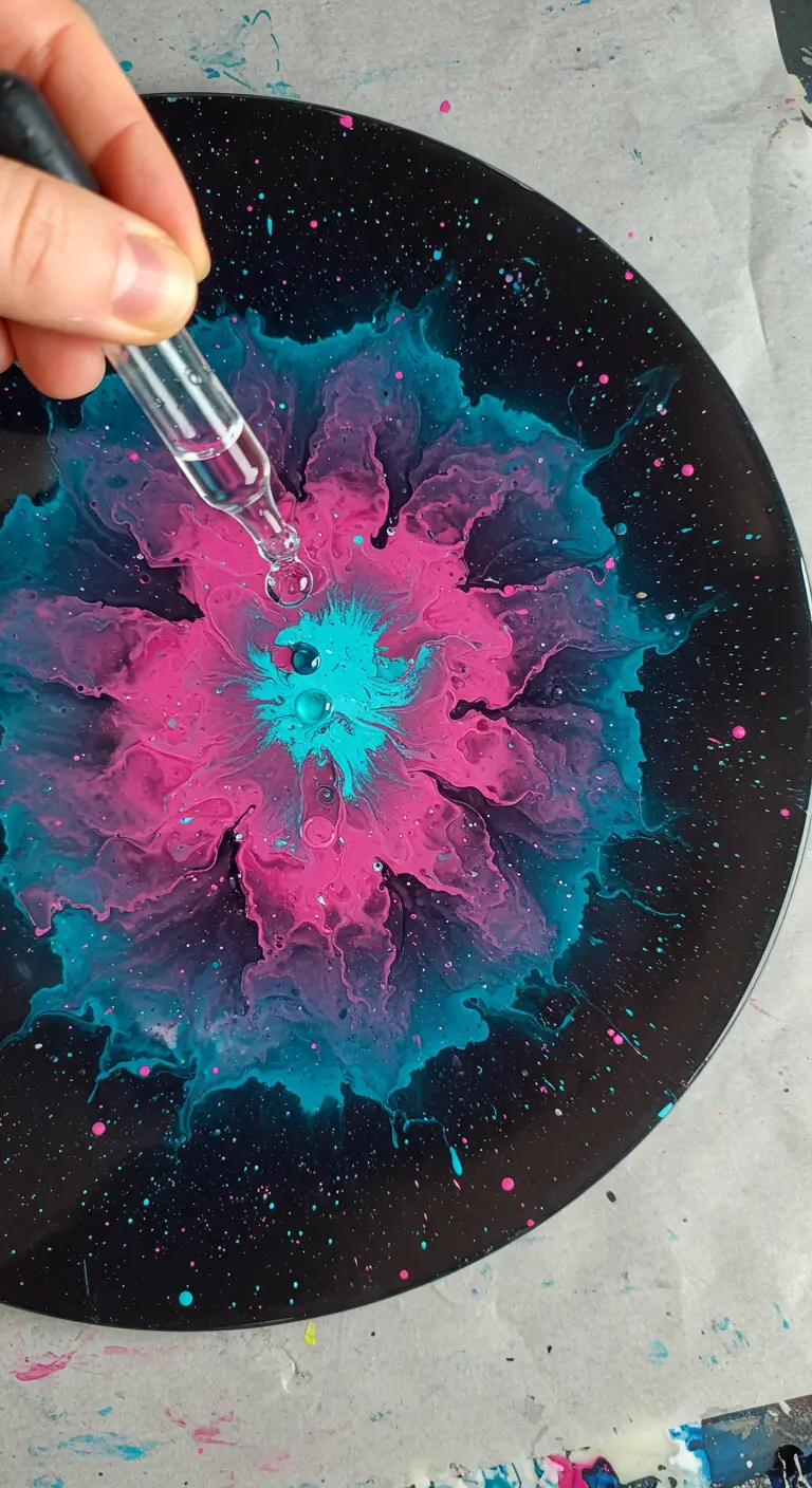 Una mano usando un gotero para aplicar líquido sobre una pintura circular de colores cósmicos.