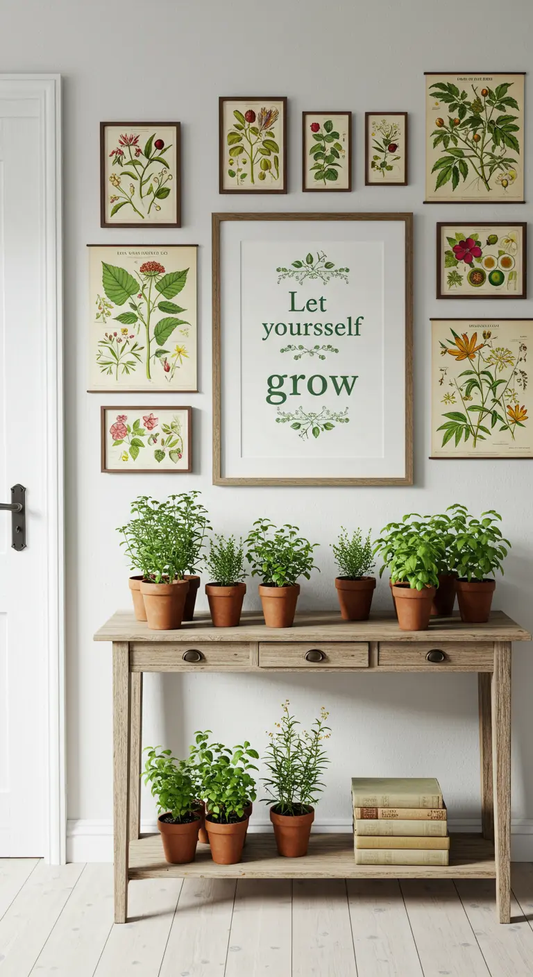 Consola de madera con plantas y una galería de pared con un cuadro central 'Let yourself grow'.