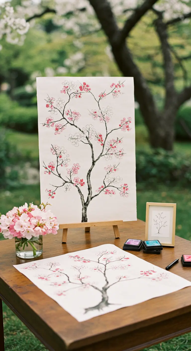 Árbol de huellas de cerezo en flor sobre una mesa de madera en un jardín.