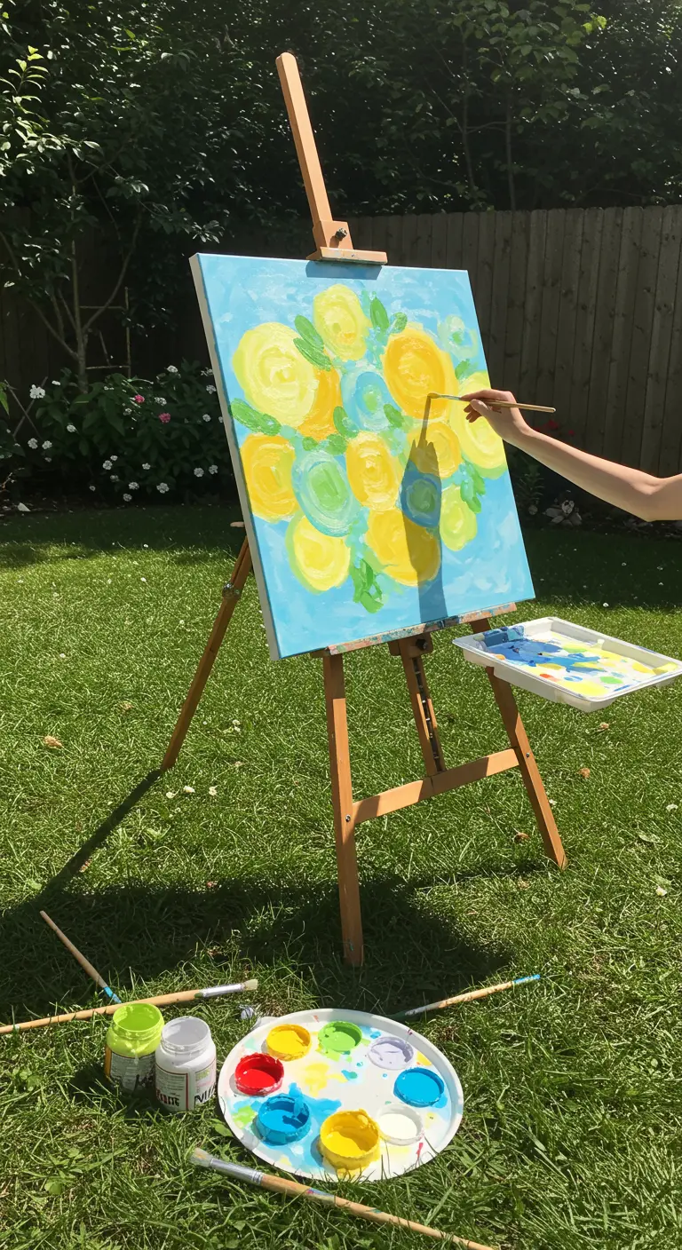 Una persona pintando un cuadro de flores amarillas y azules al aire libre, en un jardín verde.