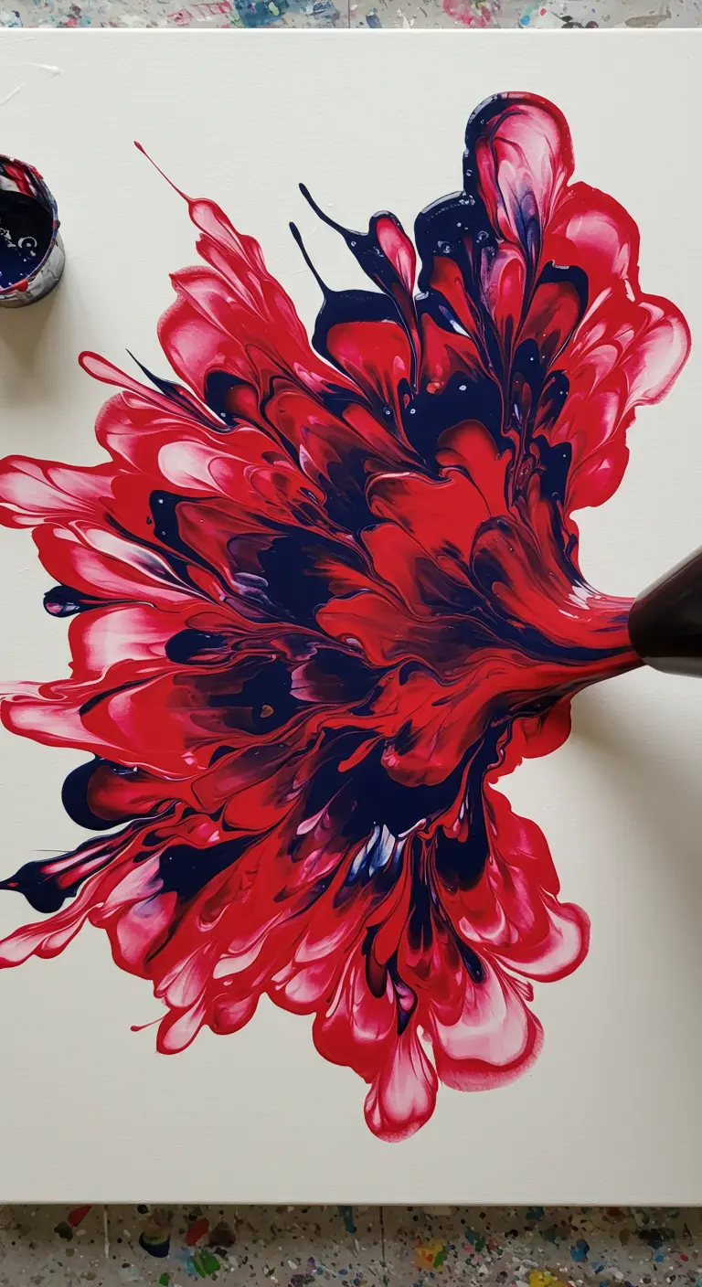 Técnica de soplado con secador sobre pintura fluida roja y azul para crear un efecto floral