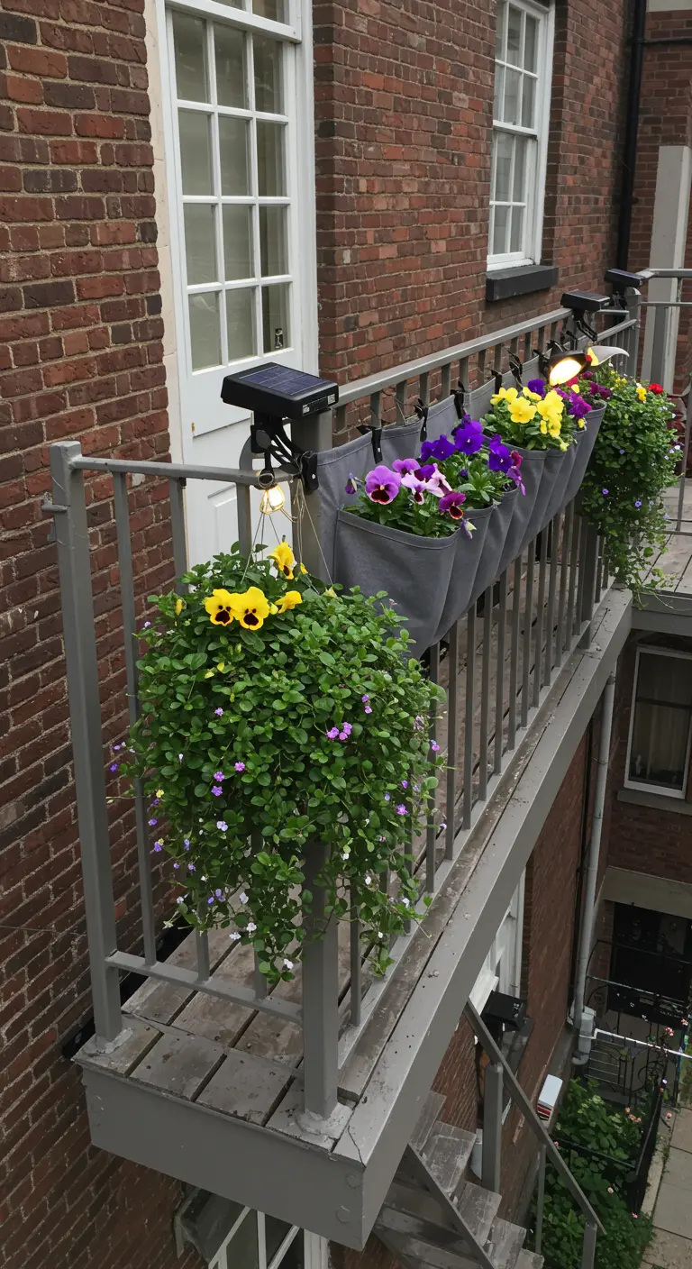Jardineras de tela gris con pensamientos de colores colgando de la barandilla de un balcón.