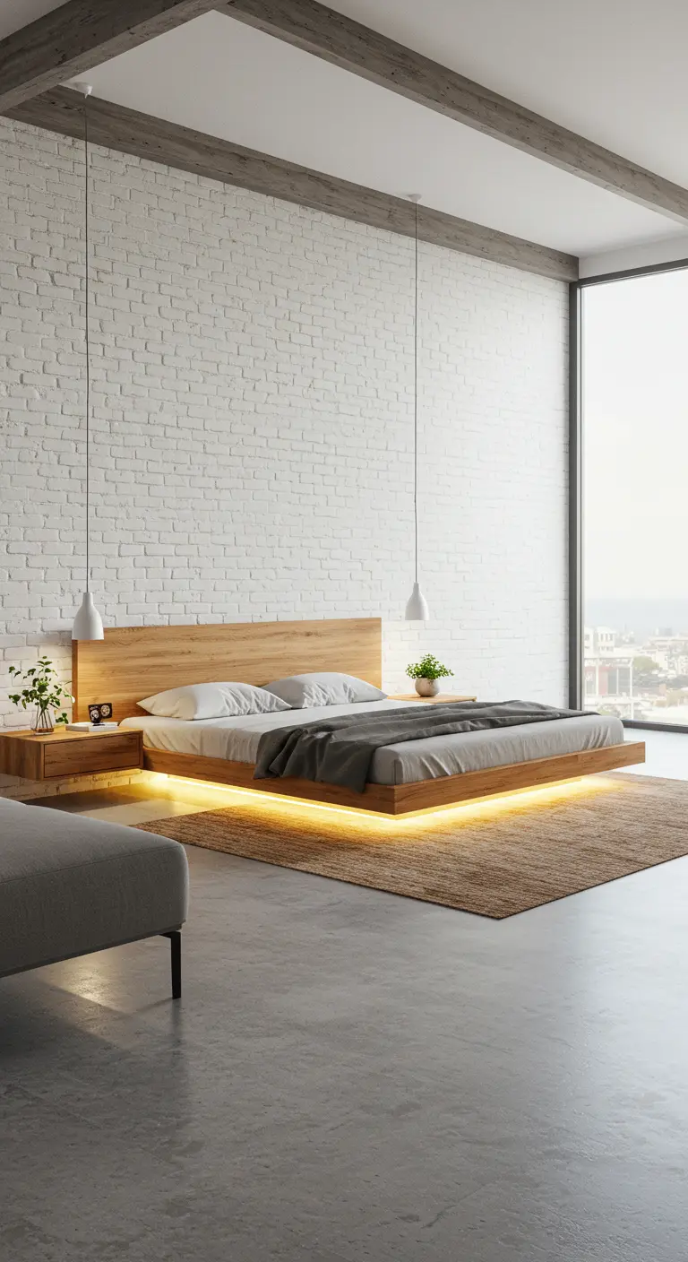 Dormitorio moderno con cama flotante iluminada con LEDs y pared de ladrillo blanco