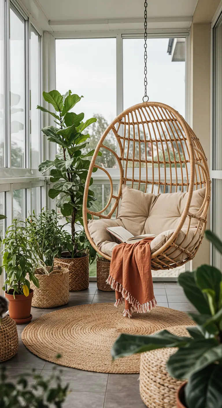 Silla colgante de ratán en un balcón acristalado rodeada de plantas y una alfombra de yute.