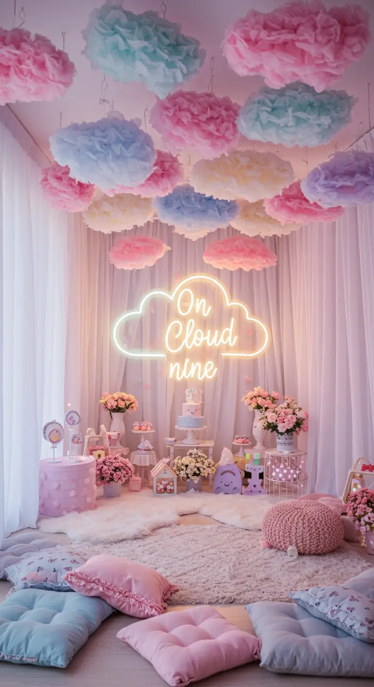 Decoración de fiesta en tonos pastel con nubes de papel y neón 'On Cloud Nine'.
