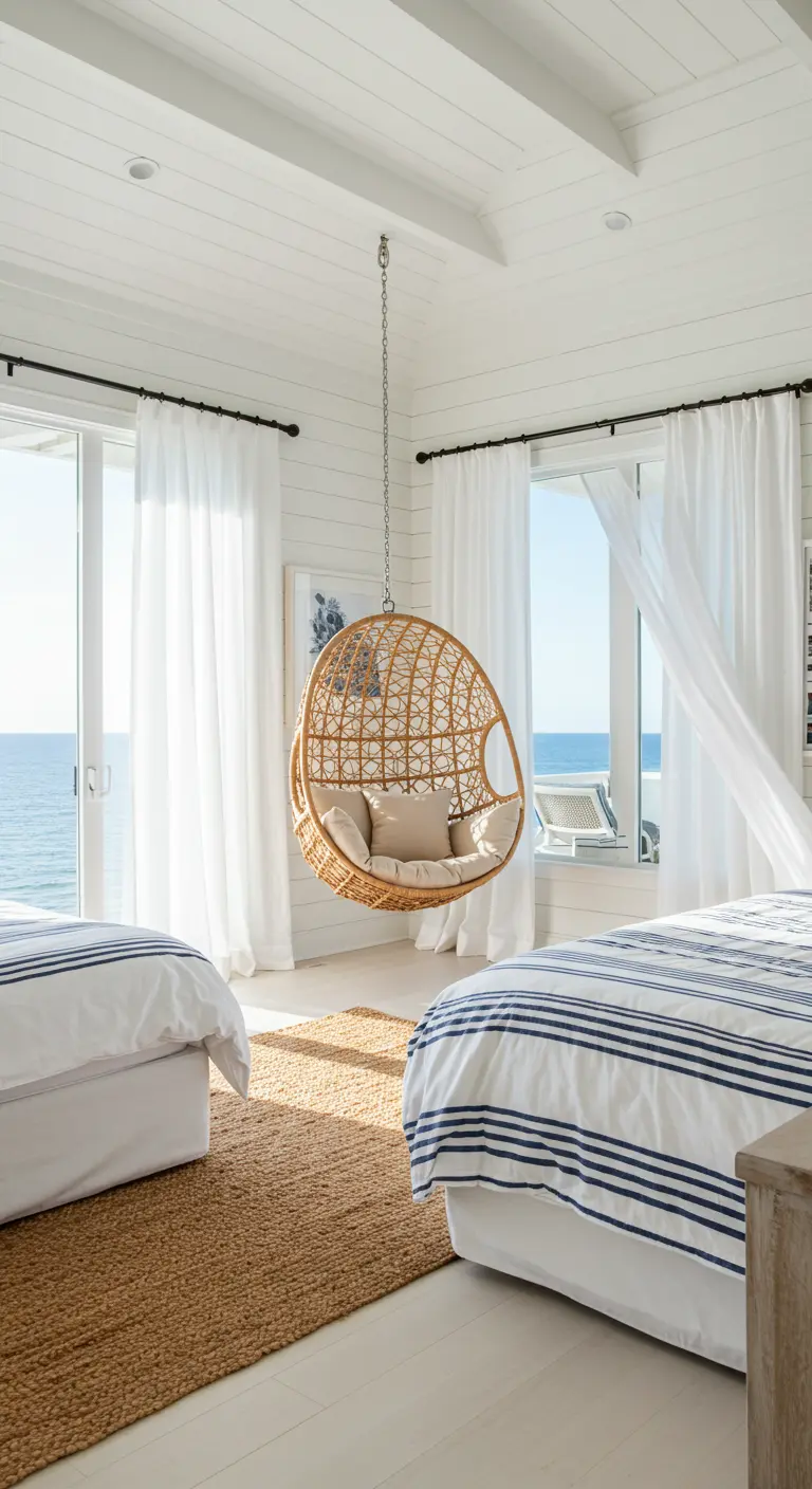Silla colgante de ratán en un dormitorio luminoso con vistas al mar y decoración costera.