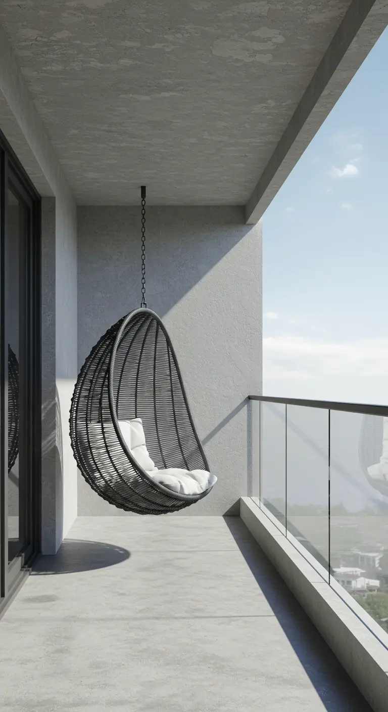 Un sillón colgante tipo huevo de color negro con cojines blancos en un balcón de hormigón.