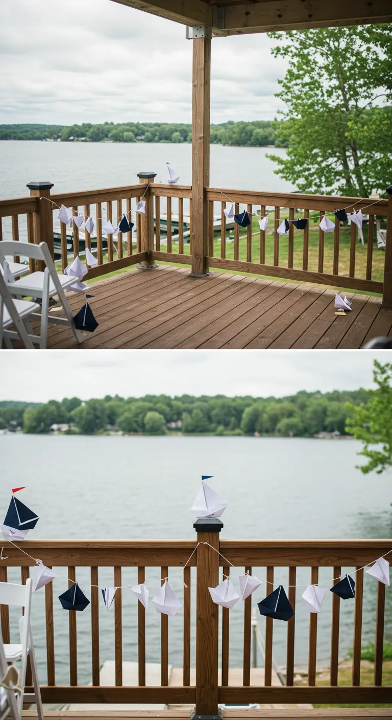 Guirnalda de barquitos de papel en azul y blanco decorando la barandilla de un porche.