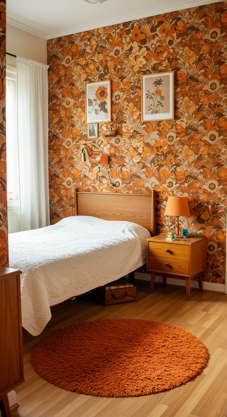 Dormitorio con pared empapelada con un audaz estampado floral naranja y una alfombra redonda.