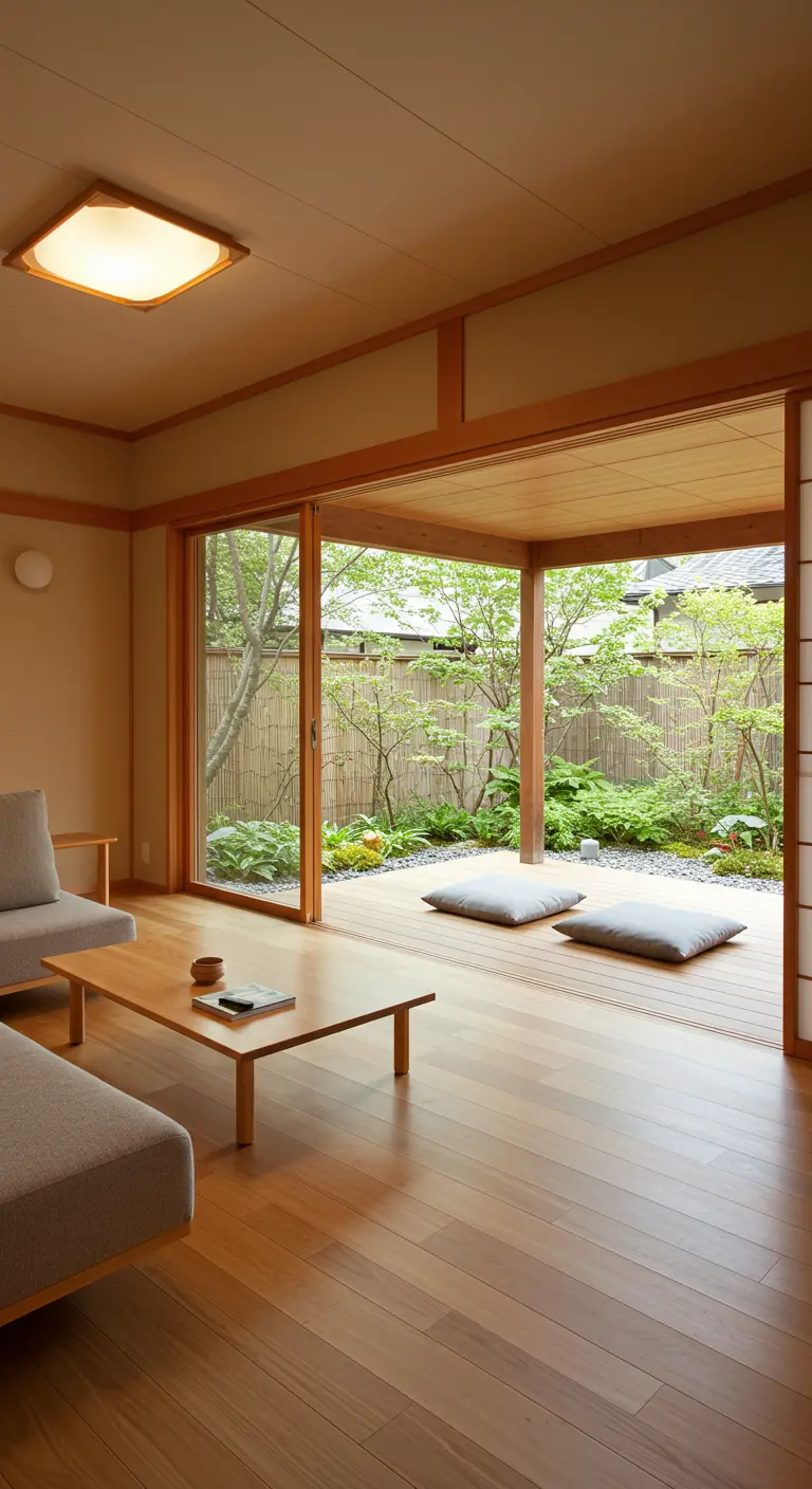 Sala de estar con suelo de madera que se extiende a una terraza exterior con vistas a un jardín.